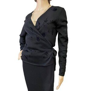 Floral Wrap Black Sweater Top Sz P Embroidered Merino Wool Blend Jones New York